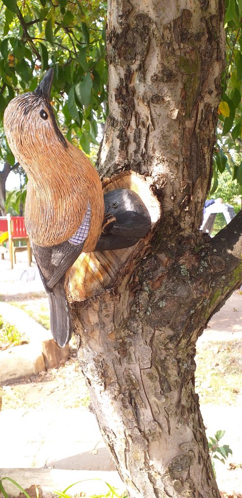 śójka wykonana z żywicy na drzewie przedszkolnym